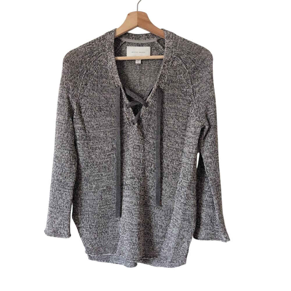 Brochu Walker Knit Sweater‎ XS Gray Lace Up V-Neck 100% Linen Tulla Top